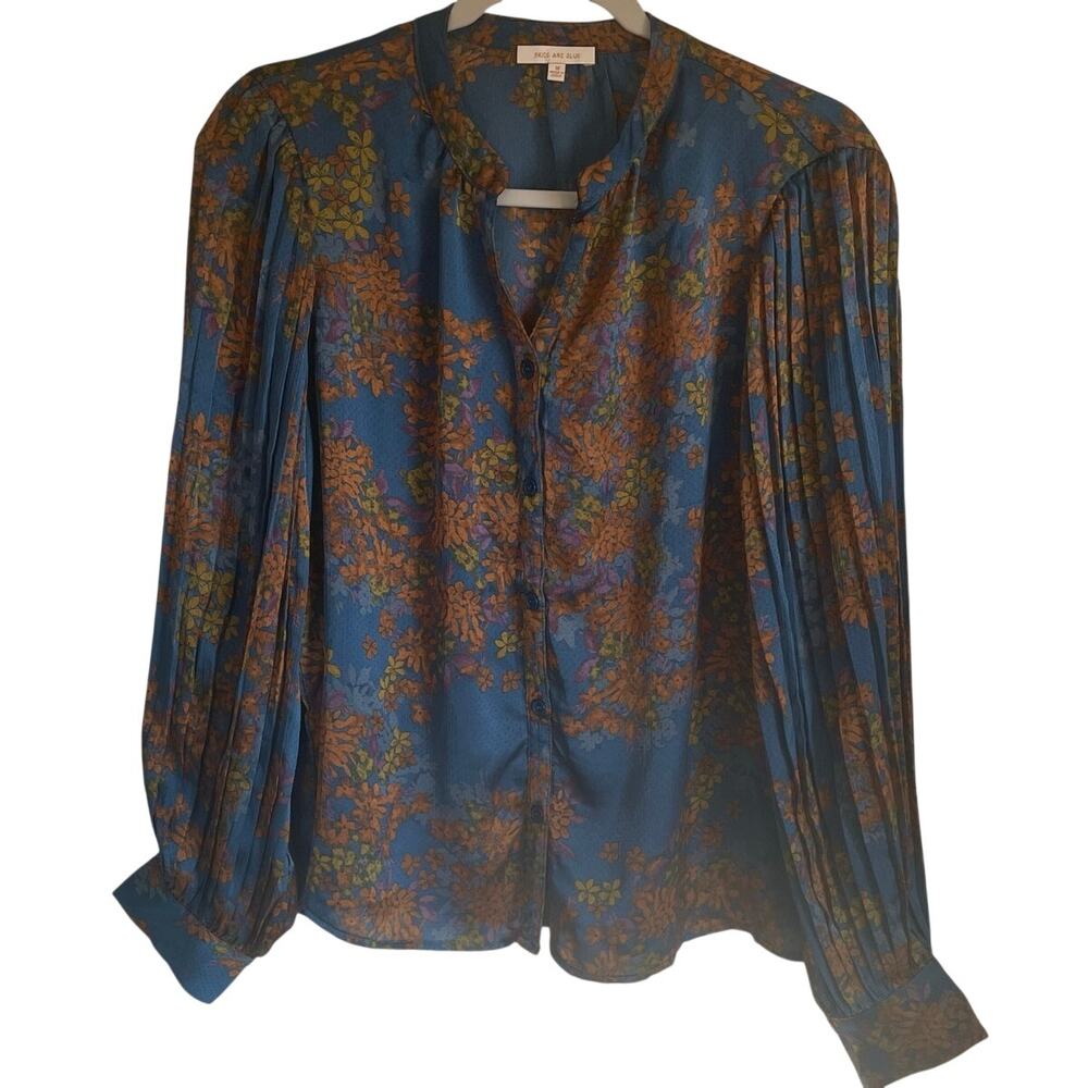 Skies Are Blue Blouse Top Sz M Pleated Sleeves Split Neck Button Up Floral